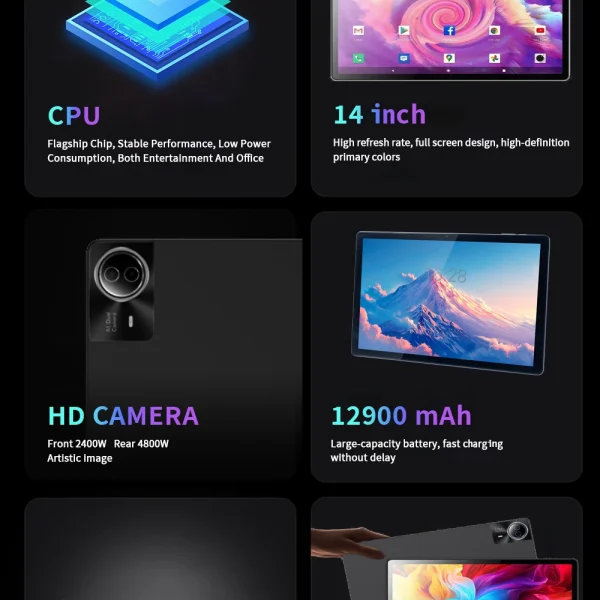 Second image of 2025 Global version 14 inch New Tablet Android 16GB Ram 1TB Rom Network Android13 wifi 5G Dual SIM Bluetooth 12900 mAh 10 Core