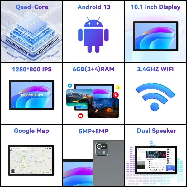 URAO 10 Inch Android Tablet Quad-Core 6GB RAM 64GB ROM to 128GB 5MP+8MP Dual Camera HD IPS Display WiFi Bluetooth PC Pad Tablets