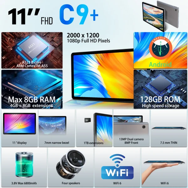 AEEZO 11 Inch Android 14 Tablet Octa-Core 12GB RAM 128GB ROM+1TB Expansion 8MP+13MP Camera 1920×1200 HD IPS 6800mAh Battery