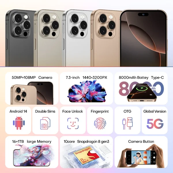 Original Tablet i16 pro max 7.3 Inch 24GB RAM 2TB ROM Android 14 SD gen3 Core Phone Dual Wifi 8000mah