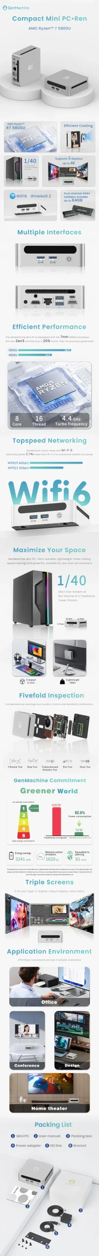 GenMachine AMD Ryzen™ 7 5800U Windows 11 MINI PC DDR4 8 Core 16 Thread,1.9GHz Up to 4.4GHz 15W WIFI6 BT5.2 Diy Gaming Computer