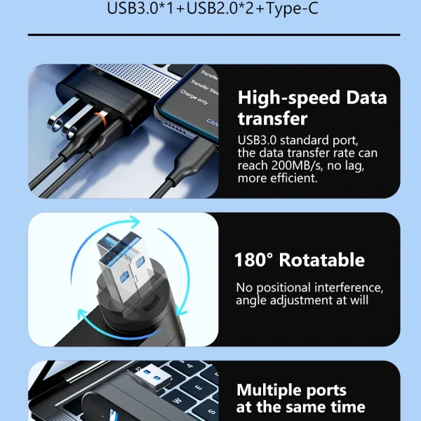 Second image of Elough Mini 180° Rotatable 4 Ports USB 3.0 2.0 Hub Type C High Speed Data Transfer U Disk Splitter Adapter For Laptop MacBook PC