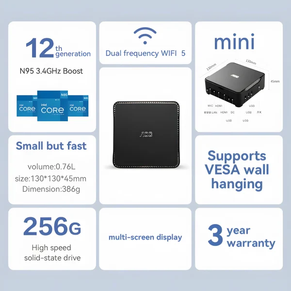 Second image of AOC Mini PC MOSS M3 Intel N95 Computer Barebone System  8GB DDR4 256GB SSD Dual Frequency WiFi Home Office Work Business