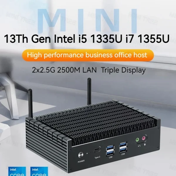 Yohirs 13th Gen Fanless Mini Pc Case Core i5 1335U 1355U Iris Xe Graphics 12M Cache Windows11 HDMI2.0 AX210 WIFI6 Game Computer