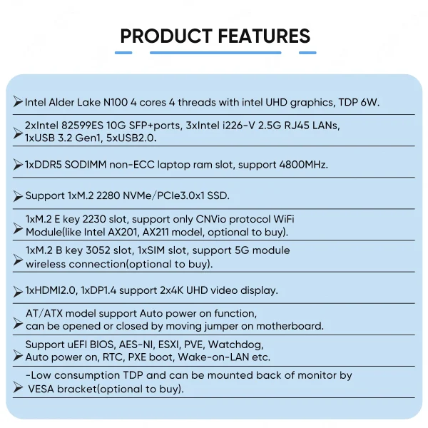 Second image of 2x10G SFP+ 3x2.5G i226-V Lans Solid Firewall Mini PC Intel i3 N305 N150 DDR5 NVMe Proxmox pfSense OPNsense Home Server Host