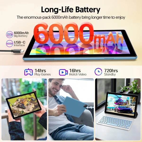 Second image of BAKEN Android 14 tablet, 10.1 inches, quad-core processor, 6GB RAM + 64GB ROM, 600GB expansion memory, 6000mAh