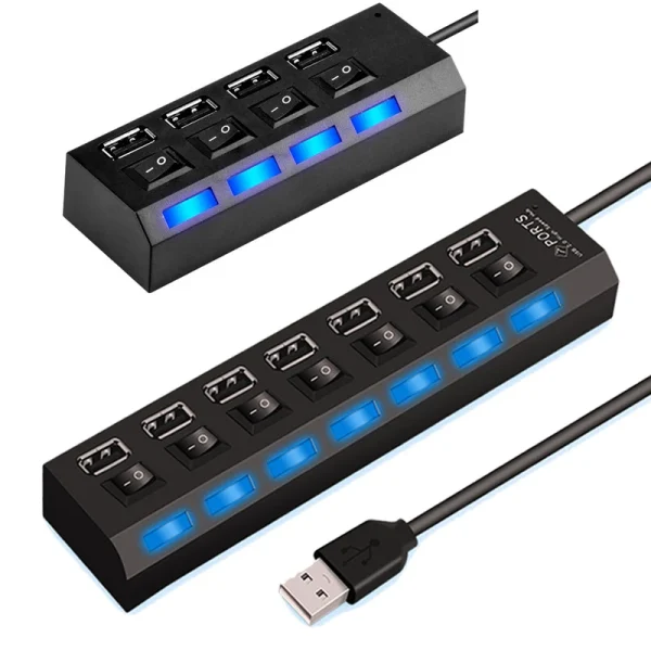 Second image of High Speed 4/7 Ports USB HUB 2.0 Adapter Expander Multi USB Splitter Multiple Extender with LED Lamp Switch for PC Laptop