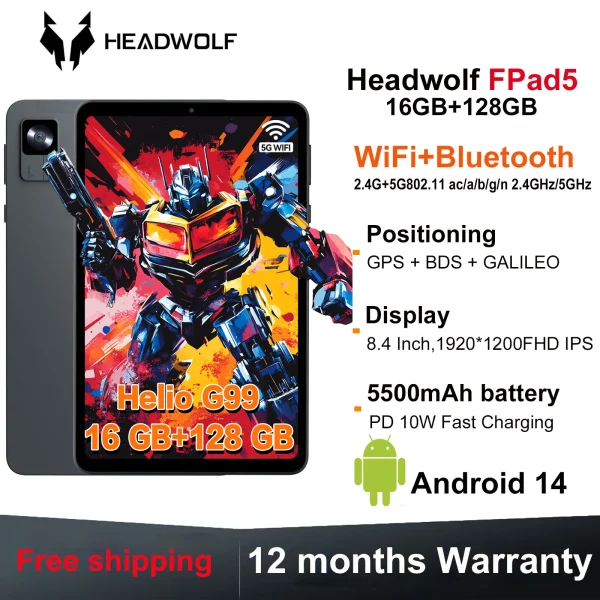 HEADWOLF FPad5 Android 14 Gaming Tablet 8.4 inch Max 16GB Ram 128GB UFS2.1 Octa-core MTK G99 Tablet PC 5500 mAh WideVine L1