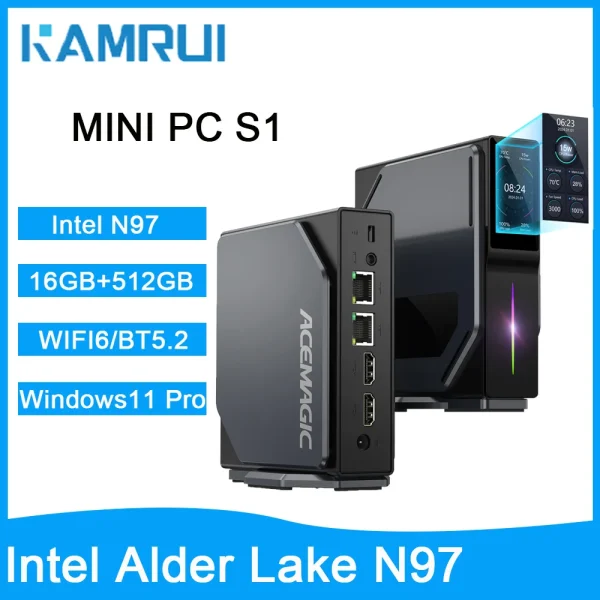 KAMRUI Mini PC S1 N97 16GB DDR4 512GB M.2 SSD Mini Computer with W11 PRO WiFi6 BT5.2 4K Mini Desktop Computer Work Business PC