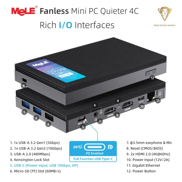MeLE Quieter4C N150 Fanless Mini PC 32GB LPDDR5 512GB Micro Desktop Computer,4K,Dual HDMI,All-in-One USB-C WiFi 5 BT5.1 Ethernet