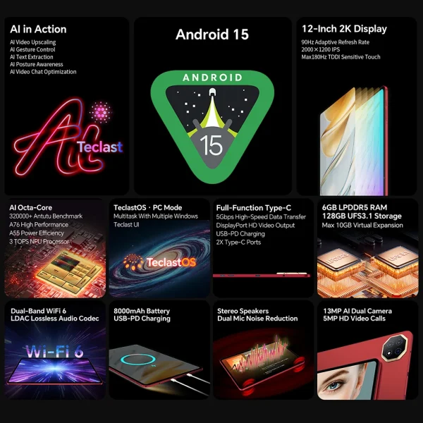 Second image of Teclast T60 AI Tablet (Allwinner A733 8-core 1.8GHz/6GB RAM/128GB ROM/1200*2000iPS TDDI/WIFI6/8000mAh/Type-C/13MP+5MP Android15)