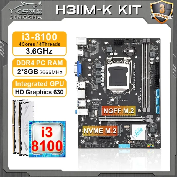 JINGSHA LGA 1151 motherboard cpu ram combo with core i3 8100 + 2*8GB DDR4 placa base mae Kit 1151 pc gamer diy gaming computer