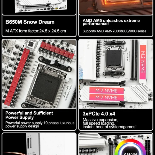 Second image of B650 Diy Gaming Computer Set with AMD Ryzen 7000/8000/9000 Series and 2*16GB DDR5 Ram ARGB B650M Snow Dream PCIe 4.0×4 M.2 Nvme
