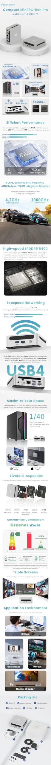 GenMachine Ren6000 Pro 6600H ES 6600U 6800H DDR5 6400Mhz RAM  M.2 2280 ROM Mini PC WIFI6 Gaming Pc Diy Gaming Computer Ordenador