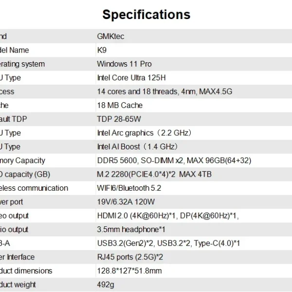 GMKtec K9 Intel Core Ultra 5 125H mini pc Windows11 DDR5 5600Mhz PCIe4.0 Nvme SSD WIFI6 BT5.2 mini pc diy gaming computer